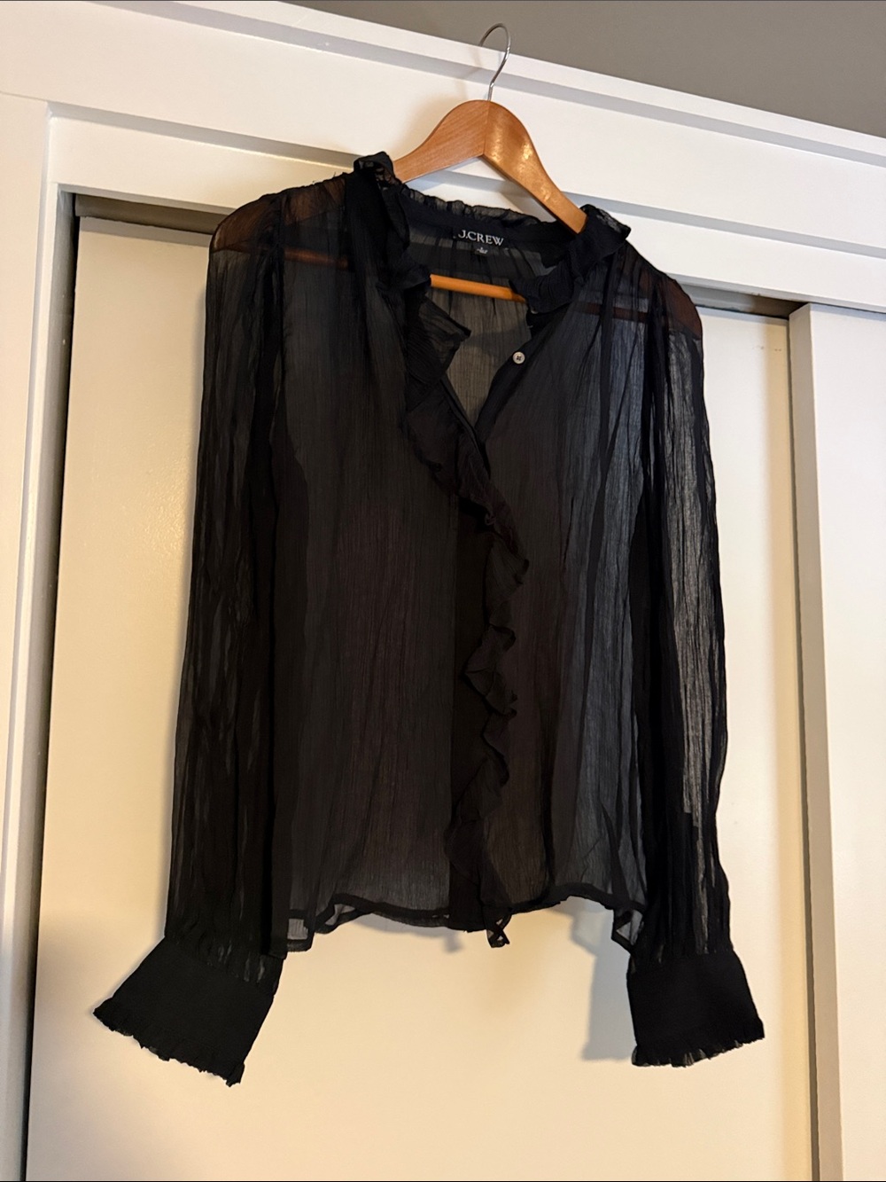J. Crew Black Sheer Ruffle-Front Blouse